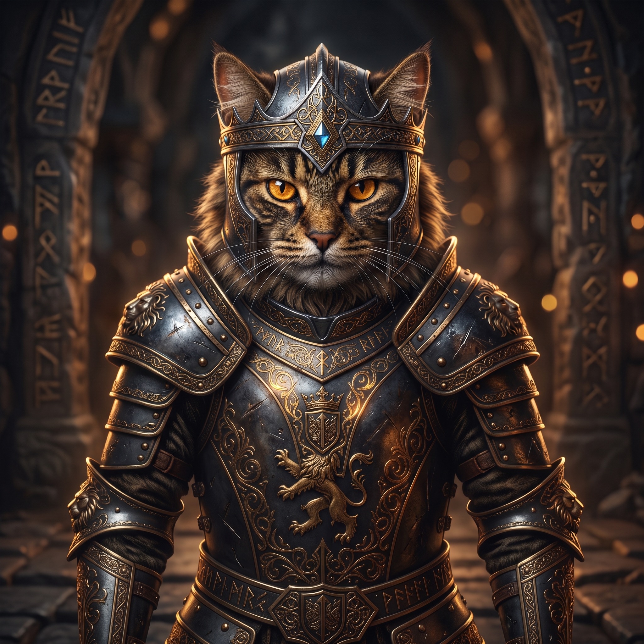 PawScan's crowned cat guardian in engraved steel and gold armor